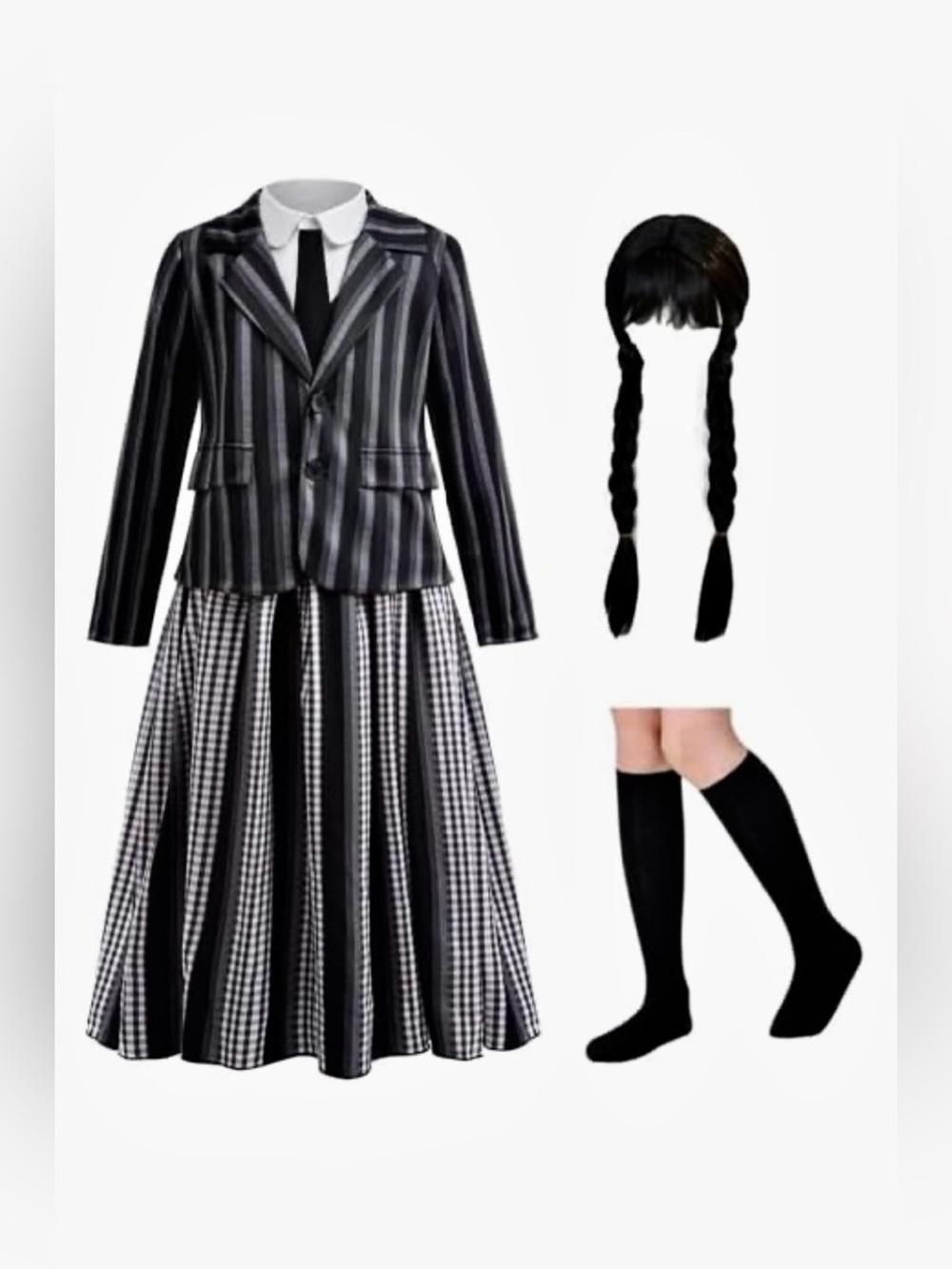 Kids Wednesday Addams Academy Uniform Costume Sz 6-8 Wig And Socks Included NEW